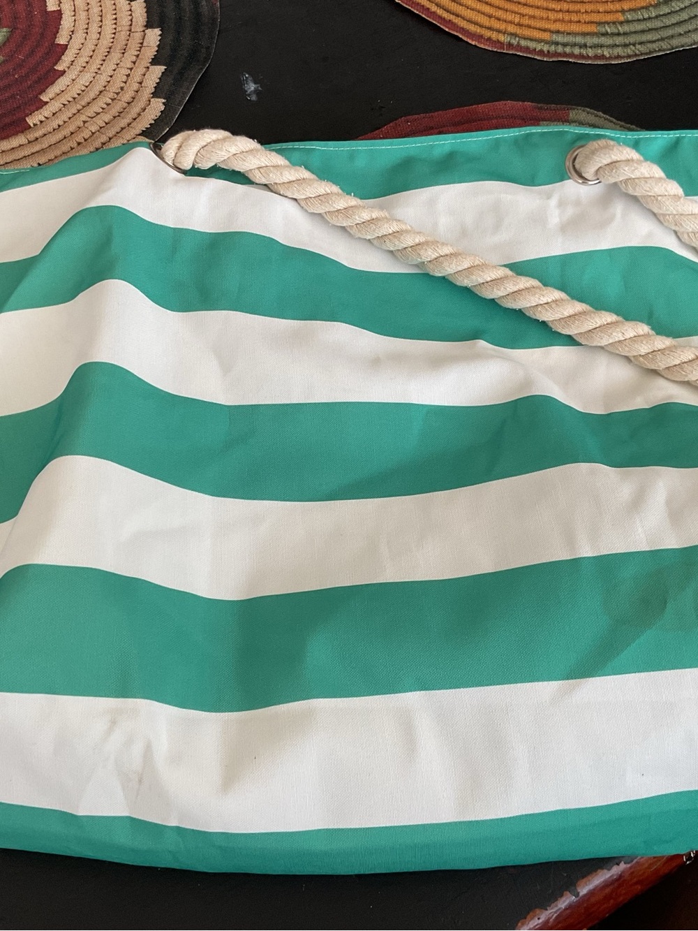 Striped Green and White Rope-Handle Tote Bag